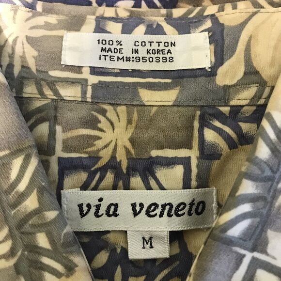 Via Veneto Men's M Hawaiian Shirt Short Sleeve Button Up Blue & Tan Cotton Korea - Picture 9 of 9